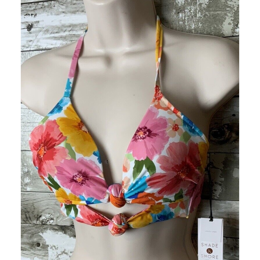 Shade & Shore Womens Floral Double Knot Halter Tie Bathing Suit Swimsuit Top 32B - Picture 2 of 3